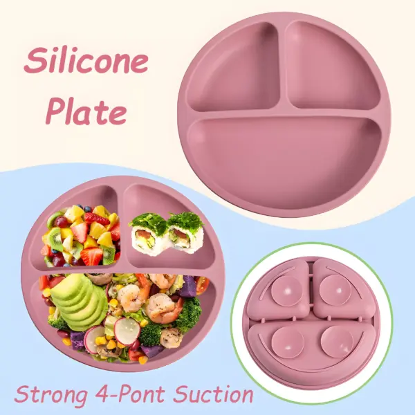 3-Piece Silicone Baby Feeding Set with Suction Bowl, Divided Plate, Spoon, Fork, and Bib