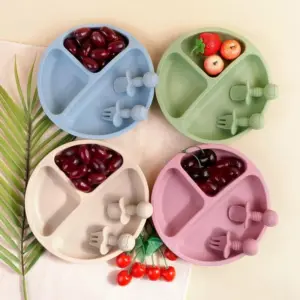 3-Piece Silicone Baby Feeding Set with Suction Bowl, Divided Plate, Spoon, Fork, and Bib