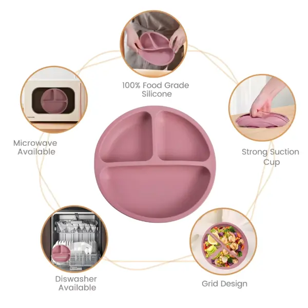 3-Piece Silicone Baby Feeding Set with Suction Bowl, Divided Plate, Spoon, Fork, and Bib