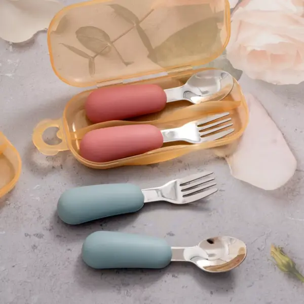 2PCS Silicone Stainless Steel Baby Fork and Spoon Set