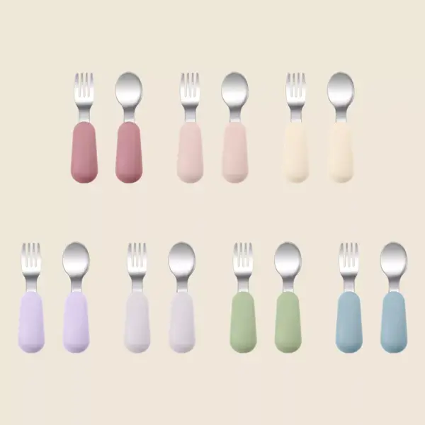 2PCS Silicone Stainless Steel Baby Fork and Spoon Set