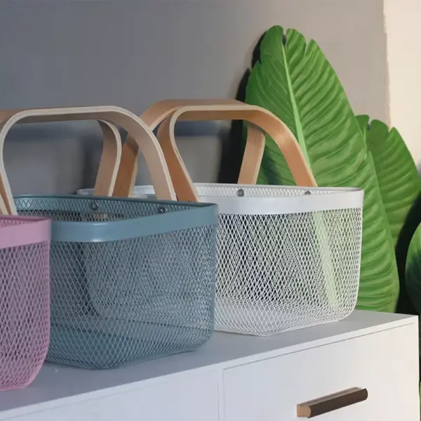 Multi-Purpose Iron Mesh Storage Basket with Wooden Handle