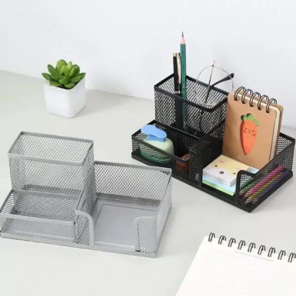 103091-e9c3ff.webp Stylish 3-Compartment Metal Pen Holder & Desk Organizer