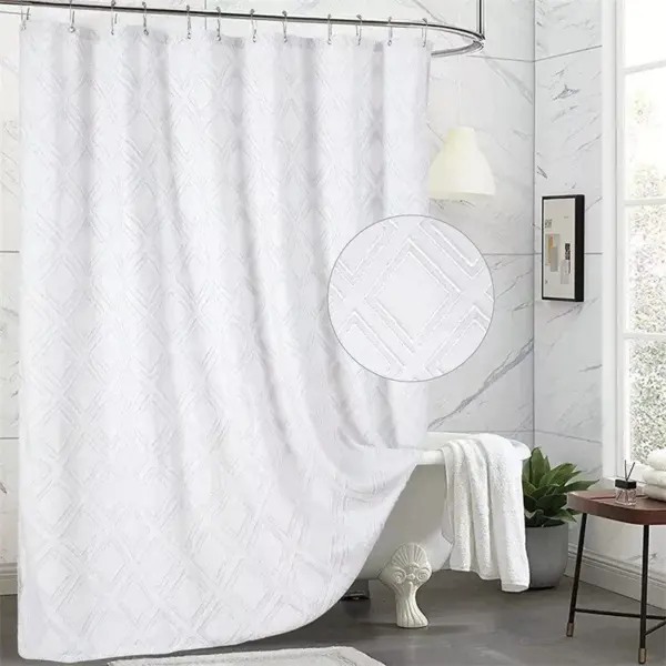 103137-1458df.webp Elegant White Diamond Tufted Shower Curtain: Chic Farmhouse Style