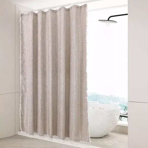 103192-beeaee.webp Luxurious Boho-Chic Striped Linen Cotton Shower Curtain with Tassels and Hooks