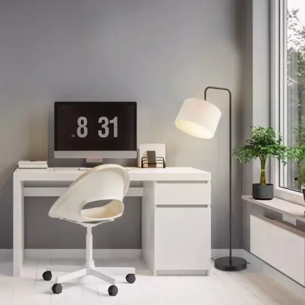 103461-86eee2.webp 58" Matte Black Floor Lamp with White Linen Shade - Contemporary Nordic Design