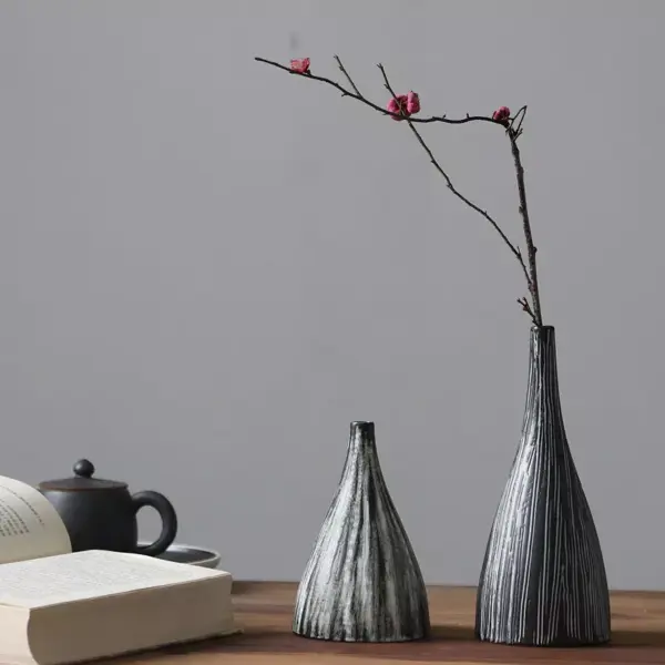 Striped Ceramic Vase - Japanese Style, Handcrafted Tabletop Flower Vase, Simple Decor