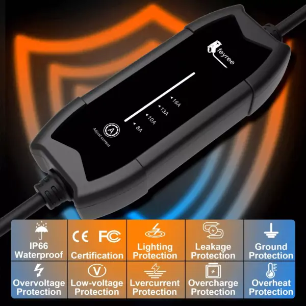 Portable EV Charger 16A, Level 2, 3.5kW, 11.5ft Cable, Home & On-the-Go
