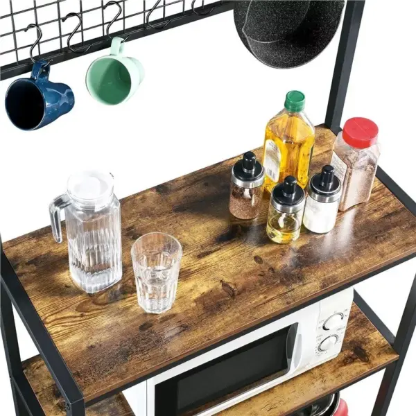 106407-09e8f1.webp 67" Rustic Brown Wooden Kitchen Bakers Rack with Storage Shelves & Hooks