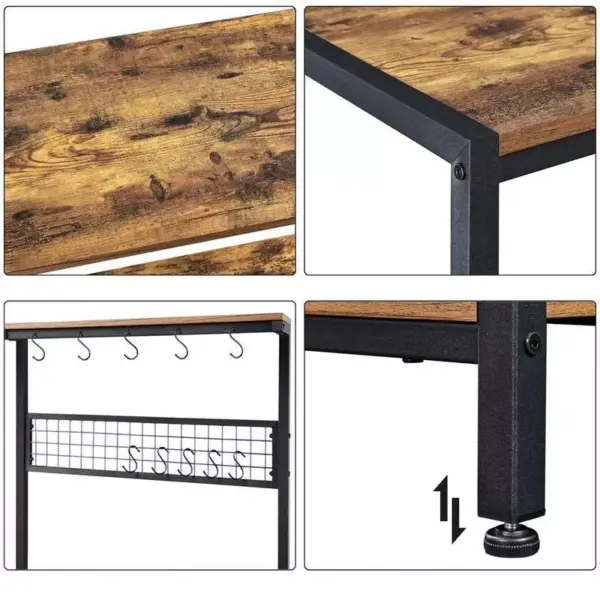 106407-22b114.webp 67" Rustic Brown Wooden Kitchen Bakers Rack with Storage Shelves & Hooks