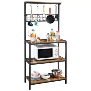 106407-66ff01.webp 67" Rustic Brown Wooden Kitchen Bakers Rack with Storage Shelves & Hooks