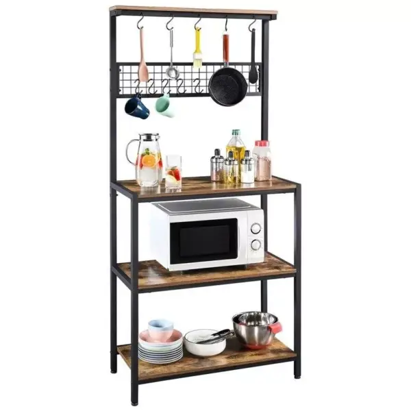 106407-66ff01.webp 67" Rustic Brown Wooden Kitchen Bakers Rack with Storage Shelves & Hooks