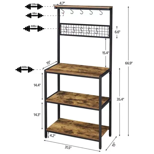 106407-8ff0cd.webp 67" Rustic Brown Wooden Kitchen Bakers Rack with Storage Shelves & Hooks