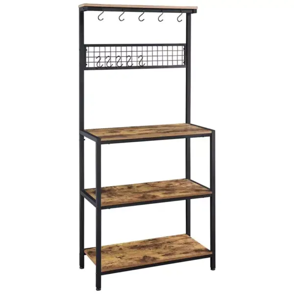 106407-d686e1.webp 67" Rustic Brown Wooden Kitchen Bakers Rack with Storage Shelves & Hooks