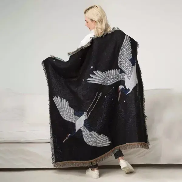 107055-481ab5.webp Elegant Black Crane & Floral Japanese Knitted Cotton Blanket