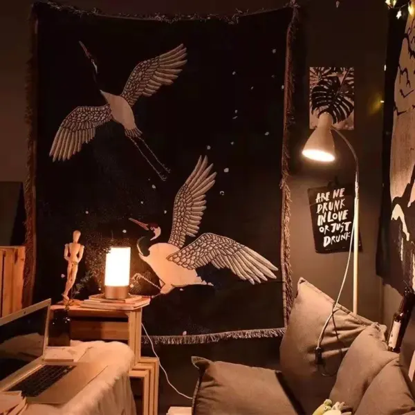 107055-eb0bbd.webp Elegant Black Crane & Floral Japanese Knitted Cotton Blanket