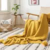 107120-044000.webp Mustard Yellow Luxury Knit Throw Blanket with PomPom Tassels