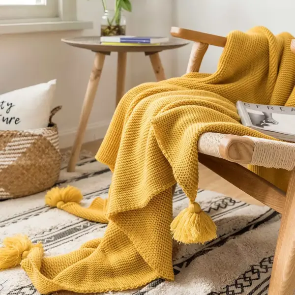 107120-1cb628.webp Mustard Yellow Luxury Knit Throw Blanket with PomPom Tassels