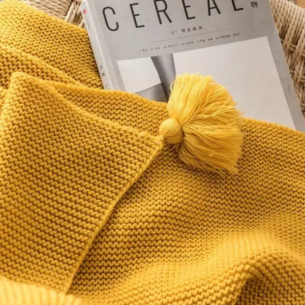 107120-3b1fd6.webp Mustard Yellow Luxury Knit Throw Blanket with PomPom Tassels