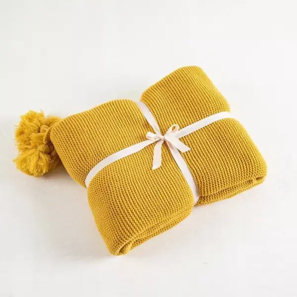 107120-ba2c4a.webp Mustard Yellow Luxury Knit Throw Blanket with PomPom Tassels