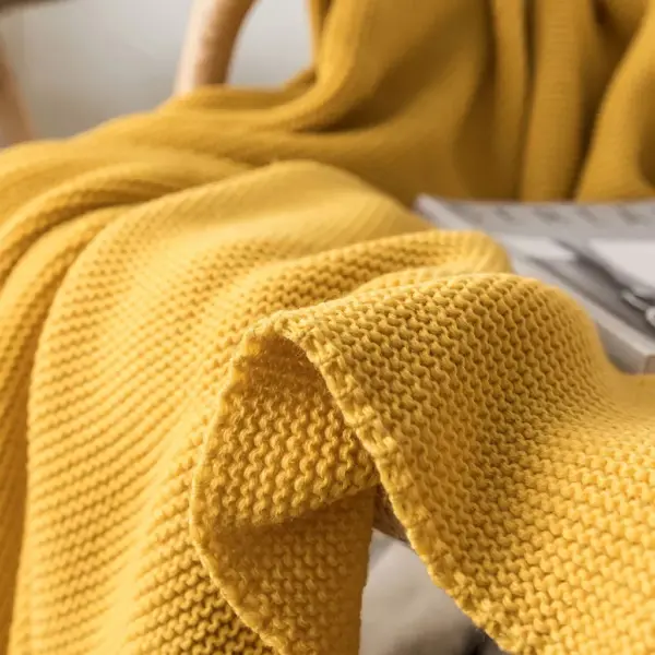 107120-f05555.webp Mustard Yellow Luxury Knit Throw Blanket with PomPom Tassels
