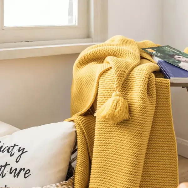 107120-fbeeb7.webp Mustard Yellow Luxury Knit Throw Blanket with PomPom Tassels