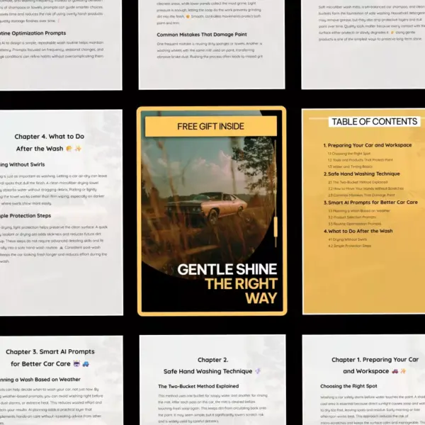 111076-86dfe8.webp Gentle Shine the Right Way – Safe Hand Washing Guide, Scratch-Free Car Wash eBook, Paint Protection Checklist, Smart AI Prompts for Better Car Care